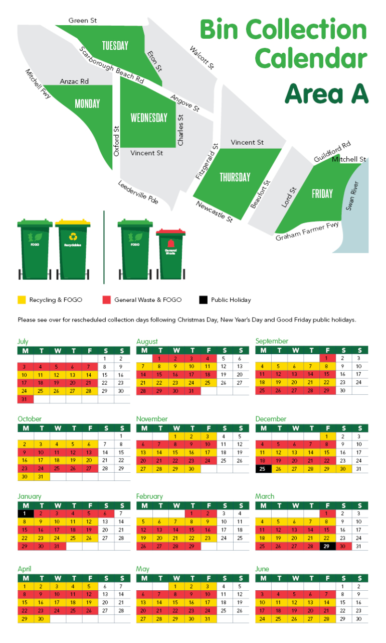 Bin Collection Calendar Area A 2023-24