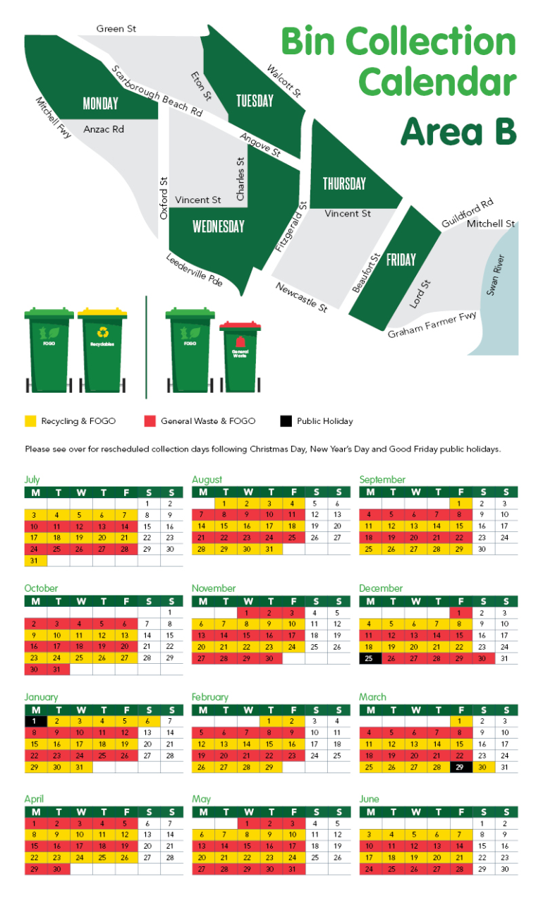 Bin Collection Calendar Area B 2023-24